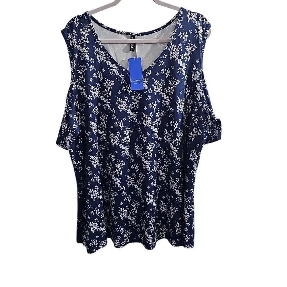 ALLEGRACE Plus Size 2X, Navy Blue Floral Print, Cold-Soulder Blouse. NWT